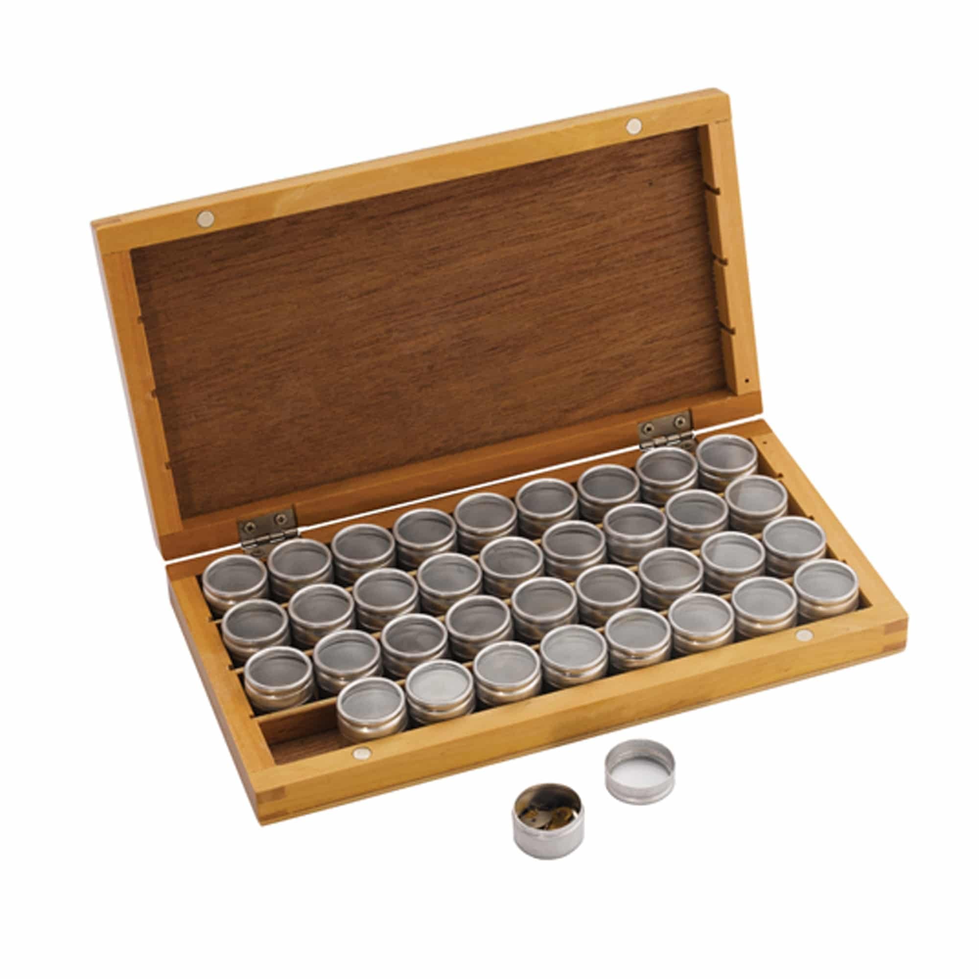 Wooden Storage Box with 36 Aluminium Tins