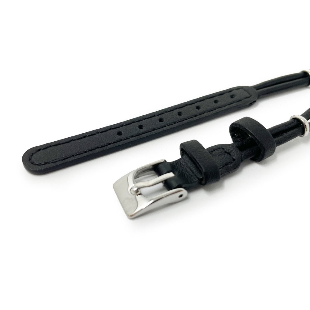 Black Leather Cordette Watch Strap with Stainless Steel Buckle & Ring