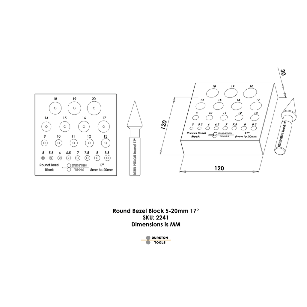 Durston 20 Round Hole Bezel Block & Punch