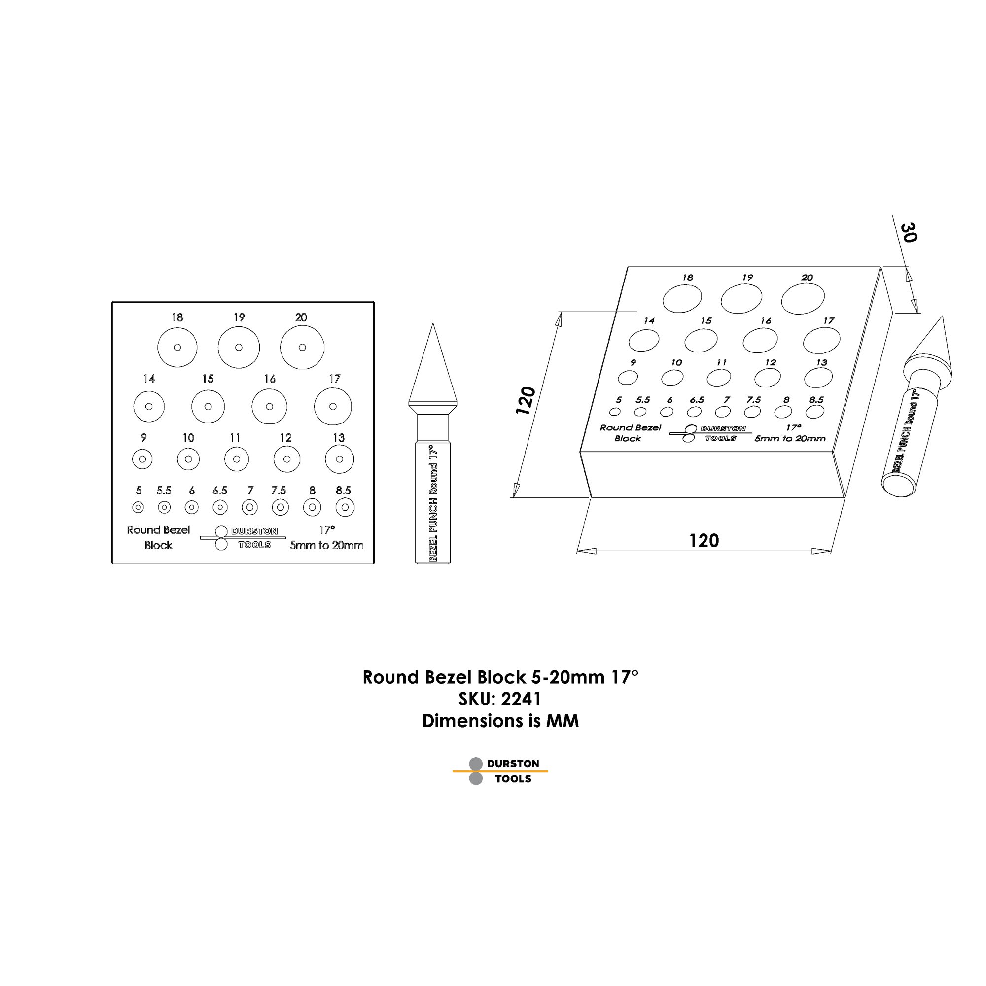 Durston 20 Round Hole Bezel Block & Punch