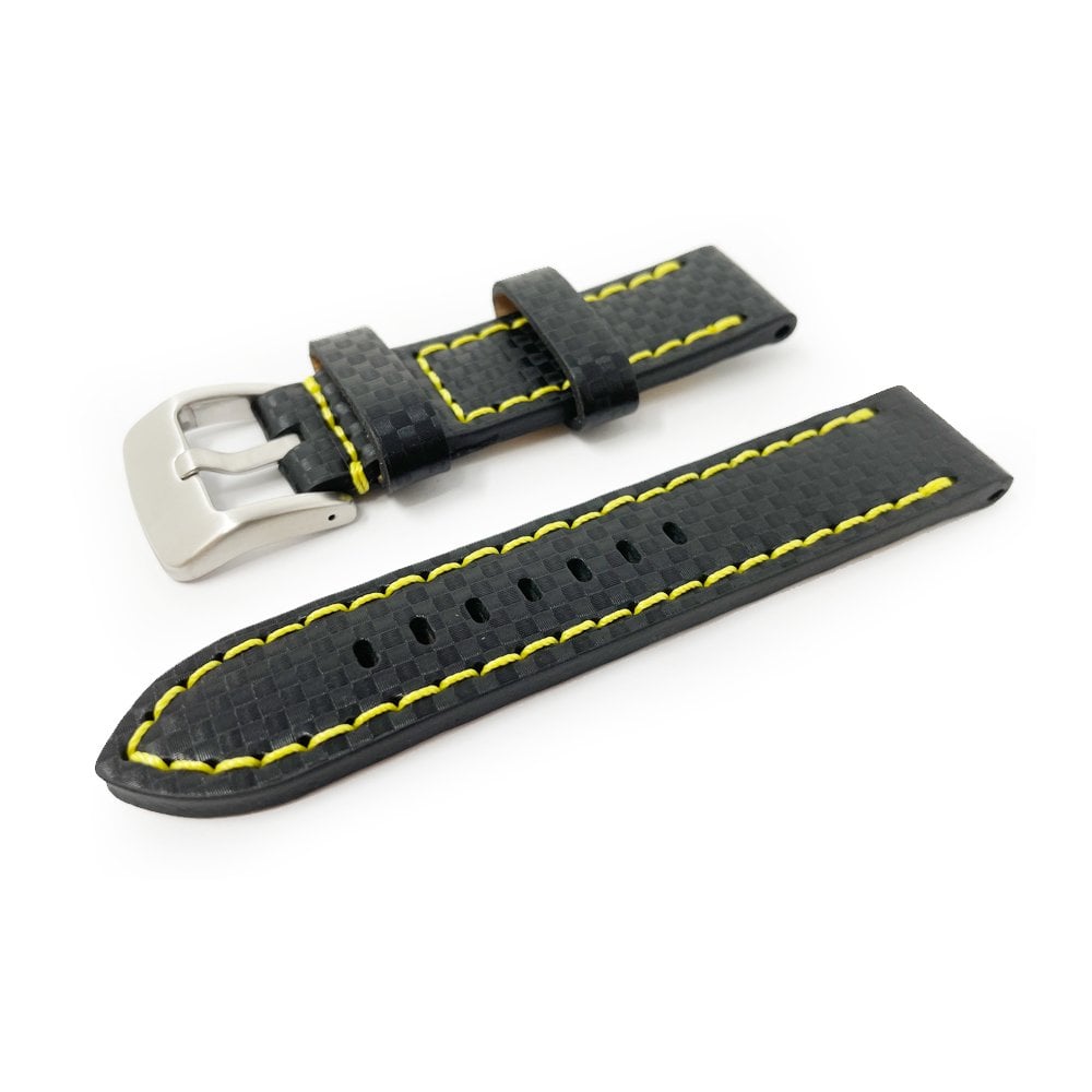 Black Carbon Fibre Watch Strap - Yellow Stitching