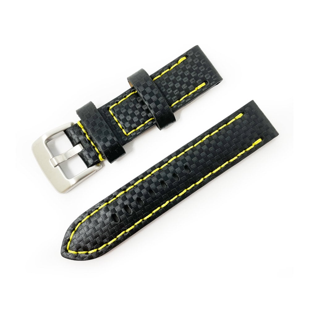 Black Carbon Fibre Watch Strap - Yellow Stitching