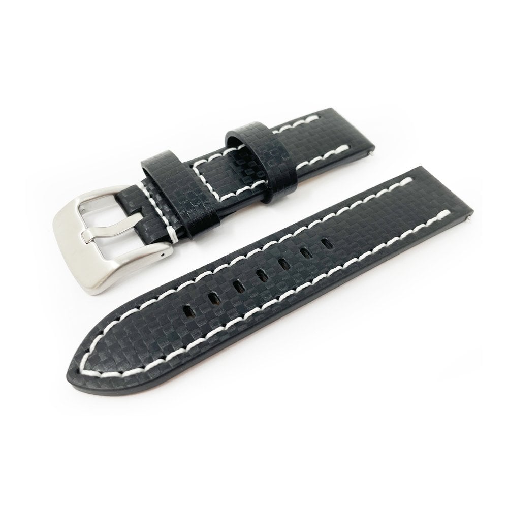 Black Carbon Fibre Watch Strap - White Stitching