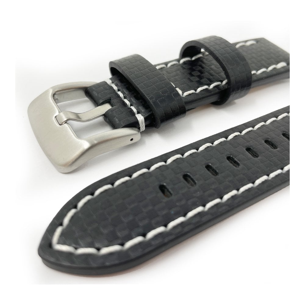 Black Carbon Fibre Watch Strap - White Stitching
