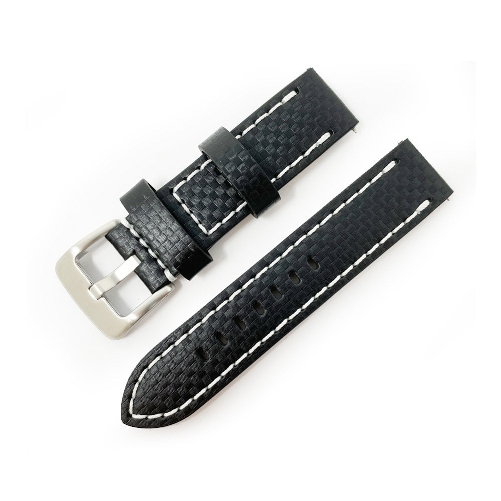 Black Carbon Fibre Watch Strap - White Stitching