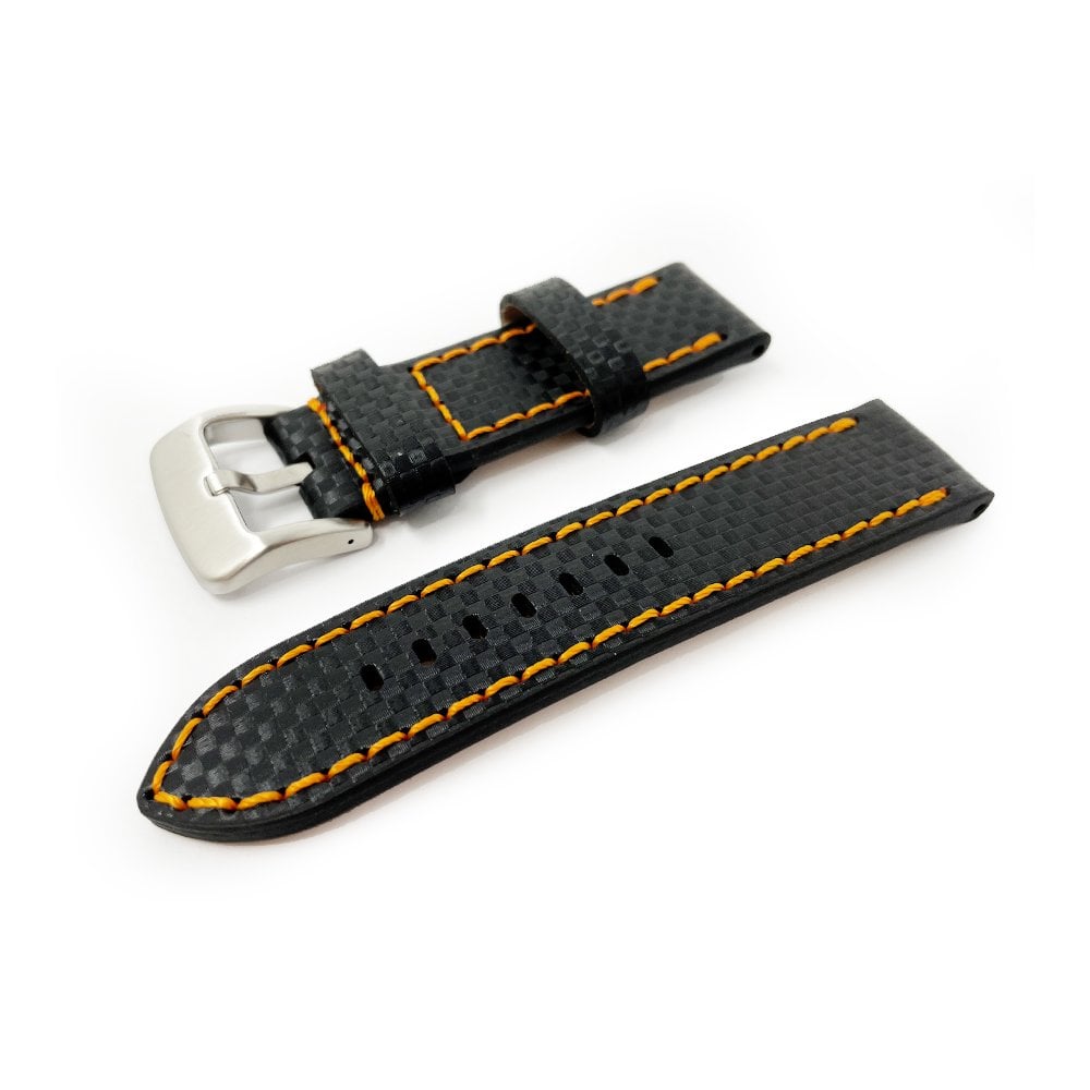 Black Carbon Fibre Watch Strap - Orange Stitching
