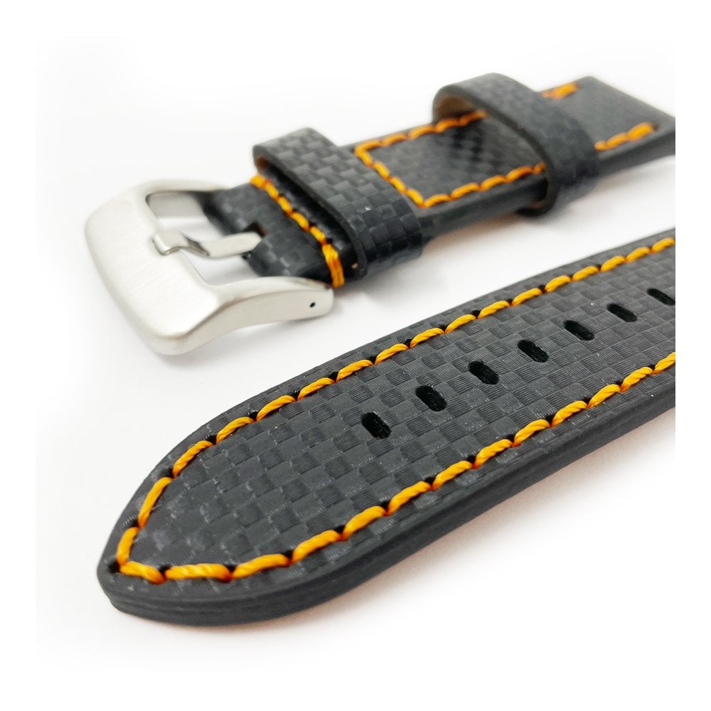 Black Carbon Fibre Watch Strap - Orange Stitching