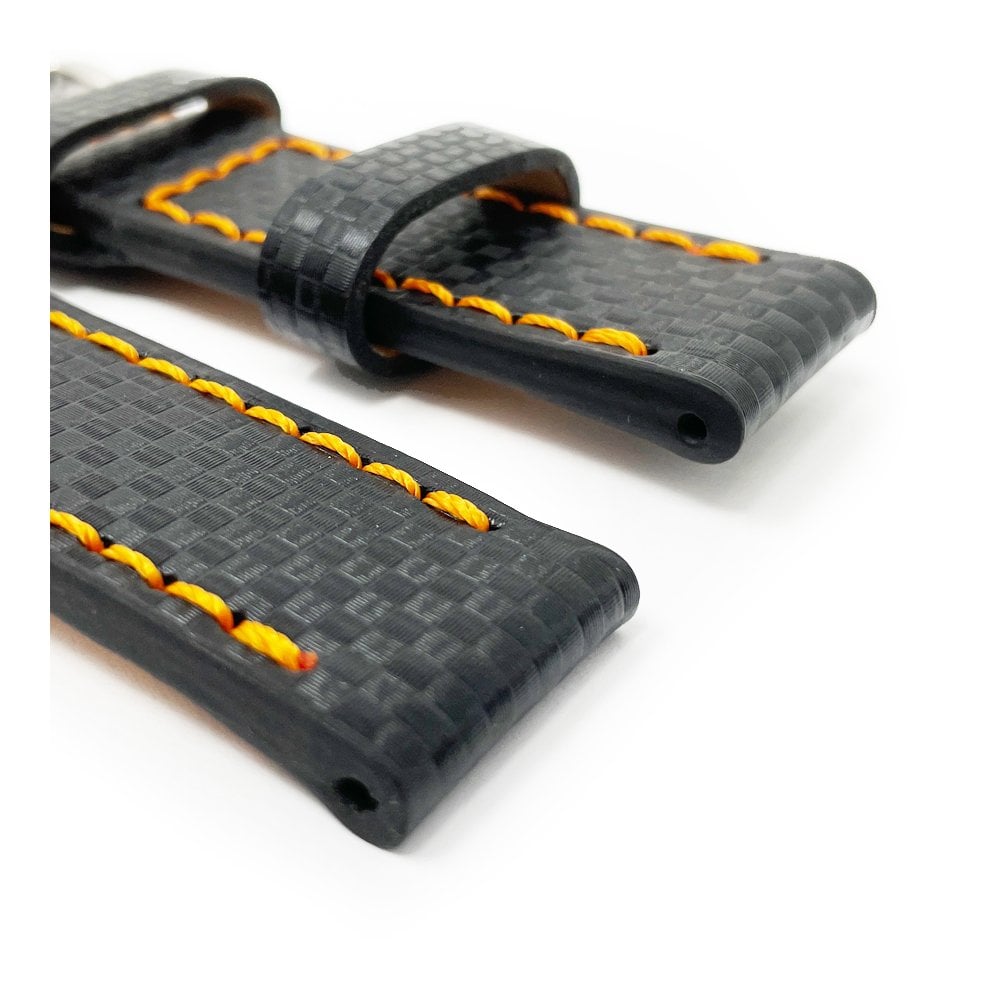 Black Carbon Fibre Watch Strap - Orange Stitching