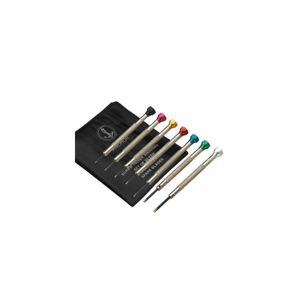 Watchmakers Set of 7 Anodised Screwdrivers with Spare Blades