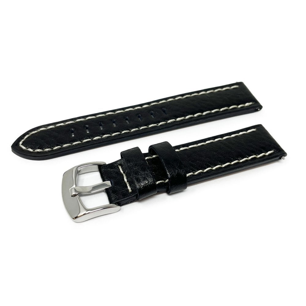 Buffalo Grain Stitched Leather Watch Strap, Black