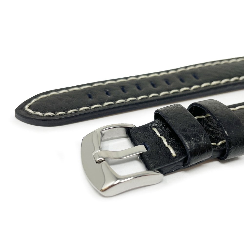 Buffalo Grain Stitched Leather Watch Strap, Black