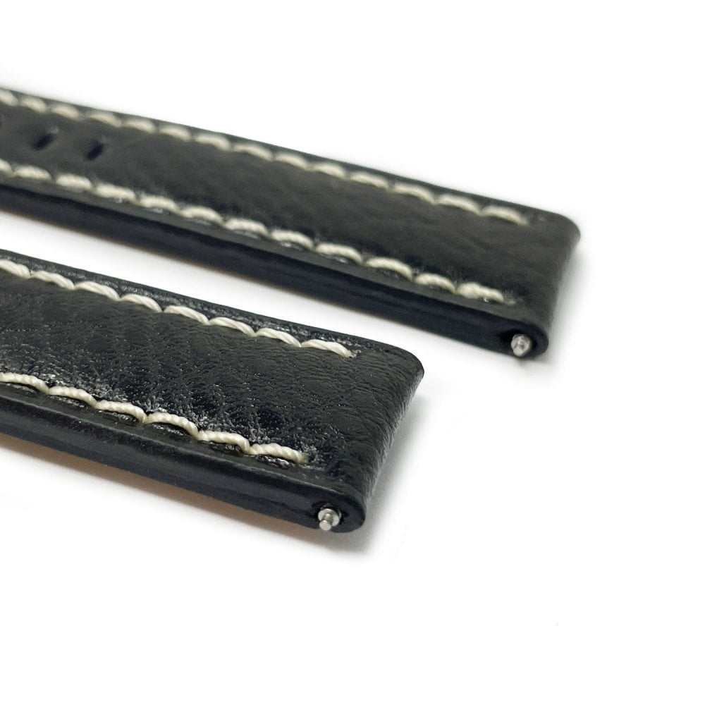 Buffalo Grain Stitched Leather Watch Strap, Black