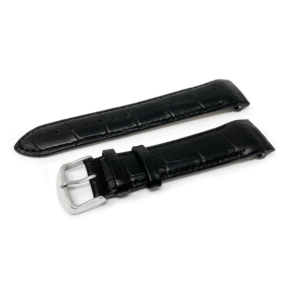 Crocodile Grain Leather Watch Strap with Curved Ends, Black