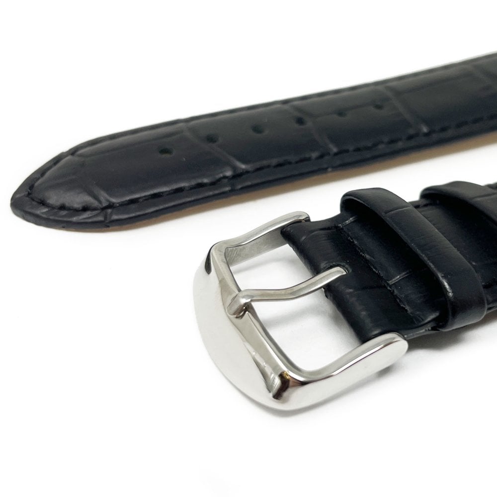 Crocodile Grain Leather Watch Strap with Curved Ends, Black