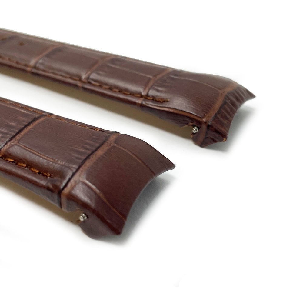 Crocodile Grain Leather Watch Strap with Curved Ends, Brown
