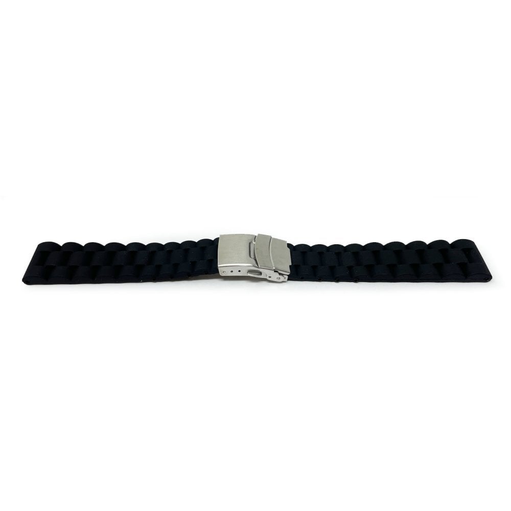 Ribbed Silicone Watch Strap with Deployment Clasp, Black
