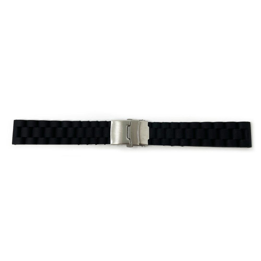Ribbed Silicone Watch Strap with Deployment Clasp, Black