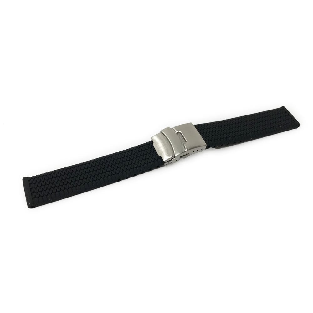 Black Silicone Strap With Deployment Clasp & Tyre Track Pattern | 20mm