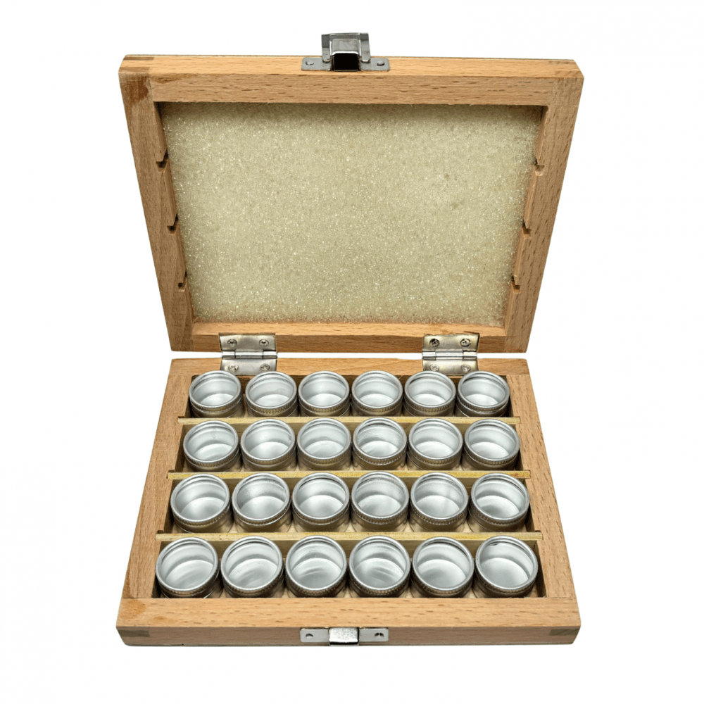 Wooden Storage Box with 24 Aluminium Tins