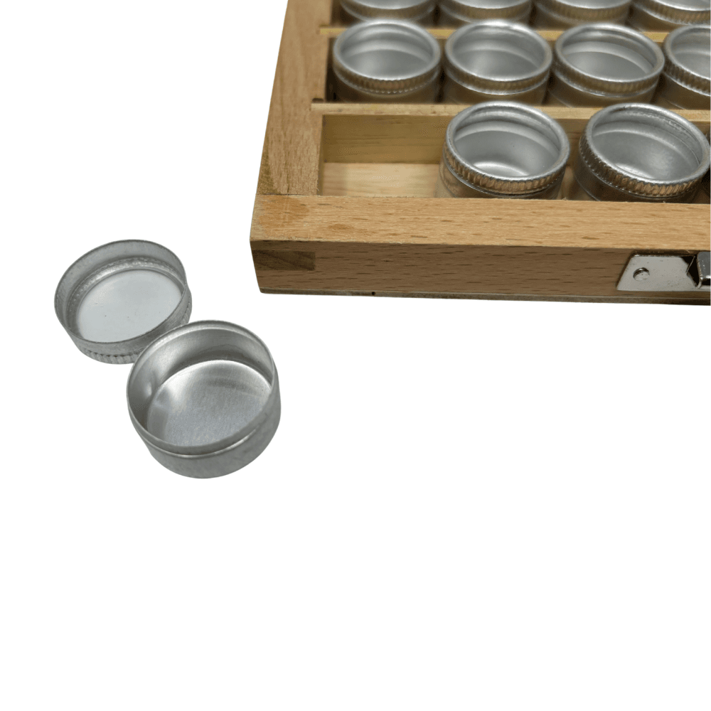 Wooden Storage Box with 24 Aluminium Tins