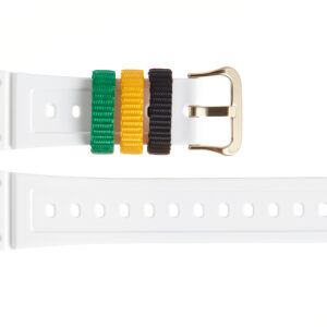 white casio watch strap with mulitcoloured details