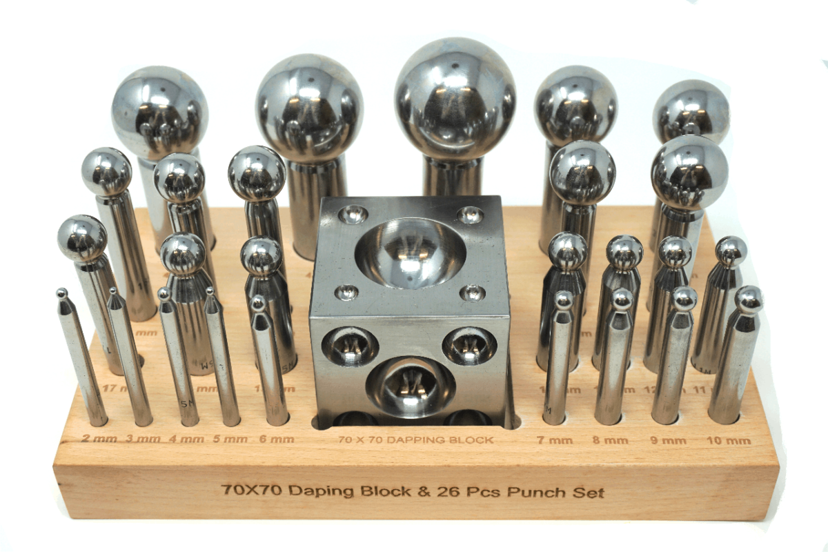 Dapping Punch Set of 26 Varied Sizes with 70mm X 70mm Dapping Block 50 52 HRC 193765147317